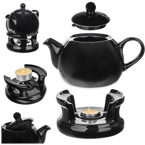 KADAX Juego de tetera de 1 litro con calientaplatos, cafetera de cerámica con tapa, asa y calentador de té, tetera con calentador de velas para té, juego de té (negro)