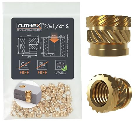 ruthex Inserto filettato 1/4 SHORT UNC – 20 pezzi RX-1/4-20x6.4 Boccola filettata in ottone senza piombo – stabile verricello per fotocamera – per fusione di un manicotto filettato in parti di
