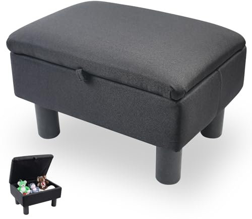 Gemsaya Leinen Pouffe-Fußhocker mit Stauraum, Leinenstoff-Pouf mit Holzbeinen, Aufbewahrungsbox Sitzwürfel mit Deckel für Wohnzimmer Schlafzimmer Flur (Schwarz)