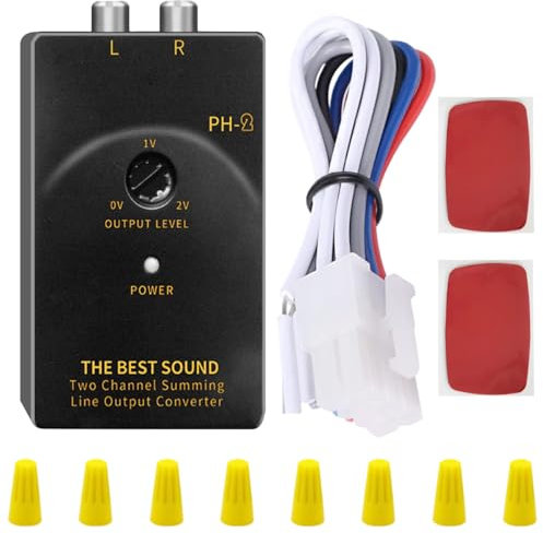 MKBKLLJY Car Audio Speaker Wire to RCA Line Output Converter 2 Channel High to Low Converter Stereo Adjustable Delay Function with Power Amplifier Control Wire with Wiring Cap Red Film Adhesive