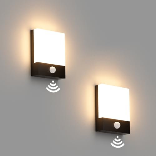 Klighten 2 Stück 24W LED Außenwandleuchte mit Bewegungssensor, Schwarze Wandleuchte, IP65 Außenwandlampe mit Sensor für Garten Terrasse Eingang, Warmweiß 3000K Außenwandleuchte