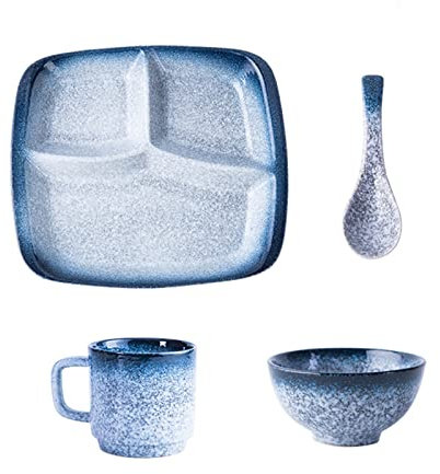 Ceramics Dinnerware Set Portion Control Plate and Bowl Combo 10 oz Mugs/ 4.5 Rice Bowls with Spoon Divided Plates for Adults Breakfast Retro Design