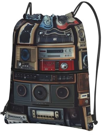 Rucksack mit Kordelzug, wasserdicht, Sport, Turnbeutel, Vintage, Wand, Radio, Boombox, Cinch-Sack, Schwarz , One size