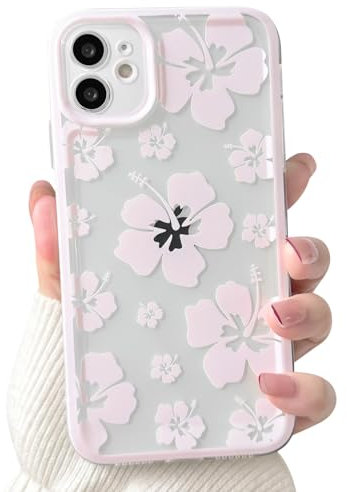 NITITOP Compatible with iPhone 11 Case Cute Clear Hibiscus Flower Floral Design with Pink Frame for Women Girls Transparent Slim Soft TPU Full Camera Shockproof Protective Cover - Pink