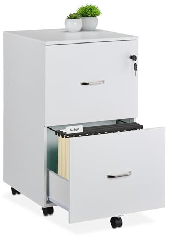 Relaxdays Mueble Archivador, 2 Cajones para Ficheros, 72 x 43 x 46 cm, Cajonera Oficina, Cierre con Llave, Blanco