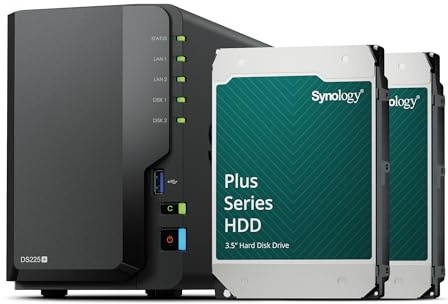 Synology DS225+ Station de Disque NAS 2 Baies (Intel Celeron J4125 4-Core 2,0 GHz 2 Go DDR4 RAM 2 x RJ-45 1GbE Port LAN) 12 to avec 2 x HAT3300-6T