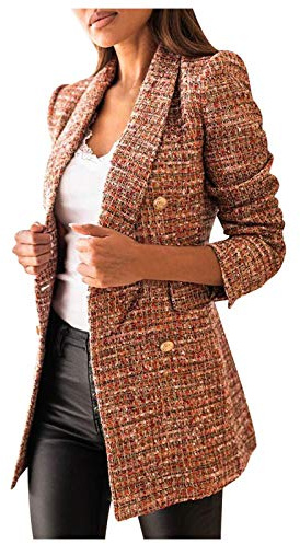 FUPODD Blazer Damen Tweed Kariert Wollblazer Elegant Lang Damenblazer Winter Plaid Jacke Zweireihig Damen-Blazer Tailliert Wintermantel Business Blazermantel Langarm Vintage Longblazer Frauen Casual