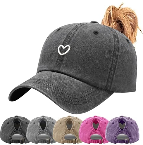Tiakay Pferdeschwanz Baseball Cap mit Herzförmiges Stickmuster Damen Verstellbare Baseballkappe Vintage Mützen Sonnenschutz Basecap Mit Zopf Loch Verstellbarer Sonnenhut Camping-Wanderhut