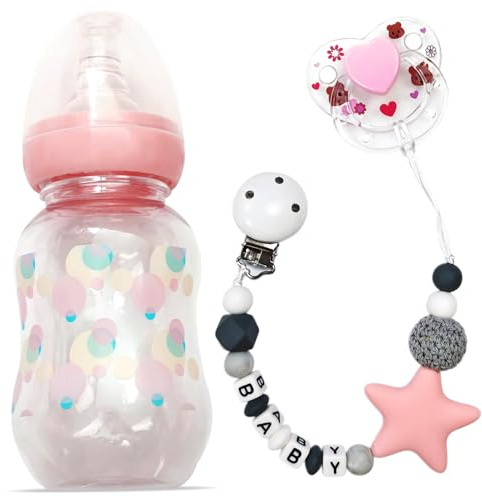 Ameble 3Pcs Baby Doll Accessories Set, Includes Baby Doll Bottles, Magnetic Pacifier and Pacifier Chain Toy Set Feeding for Accessories
