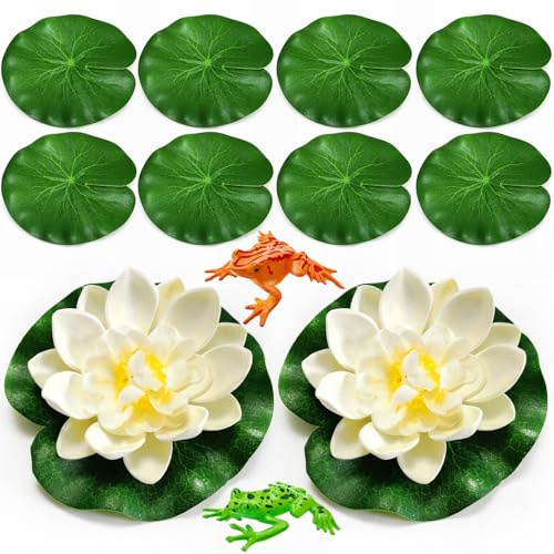 YXGTHGQZ 12PCS Artificial Floating Lily Pads Set, 8 Realistic Lily Pads, 2 Lotus Flowers & 2 Floating Frogs, Pond Pool Fountain Water Feature Decorations
