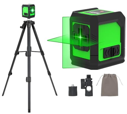 Kreuzlinienlaser mit Stativ, Laser Wasserwaage, Grün Kreuzlaser 360° Selbstnivellierend Linienlaser mit 1m Baustativ, 30m Baulaser Kreuzlaser für Innen-& Außenbereich Baustellen DIY