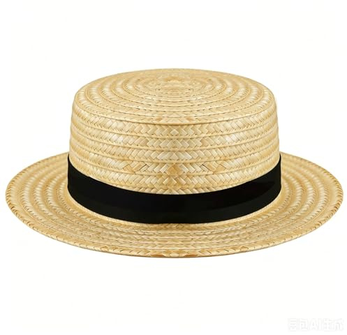 XNHIU Straw Boater Hat for Adults Panama Style Flat Top Hat with Ribbon Band Classic Skimmer Hat for Vintage Party Halloween Costume Outdoor Outfit Beige