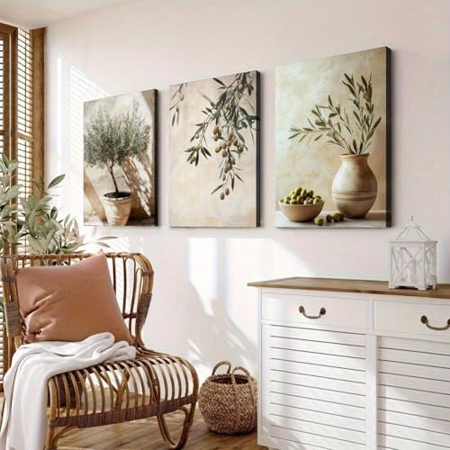 Xiyocadt Set of 3 Olive Tree Poster Set, Aesthetic Olive Tree Poster, Vintage Potted Plant Picture, Mediterranean Plant Pictures, for Living Room & Bedroom, without Frame (40x50cm)