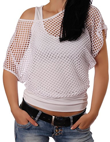 Crazy Age Frauen Partytop Sommertop Netzoberteil Trend 2016 in Neonfarben Jetzt auch in L/XL (L/XL, Weiß(AMA))
