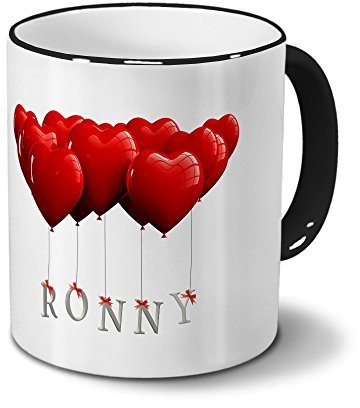 printplanet Tasse mit Namen Ronny - Motiv Herzballons - Namenstasse, Kaffeebecher, Mug, Becher, Kaffeetasse - Farbe Schwarz