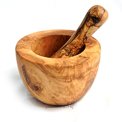 BeldiNest Mortier et pilon plat en bois d'olivier - 1 l - Bois naturel poli