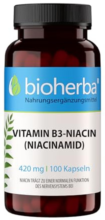 Vitamin B3 Niacinamid Kapseln – 100 Stück mit 420 mg Niacin zur Unterstützung des Energiestoffwechsels und Nervensystems von BIOHERBA PZN 18216864