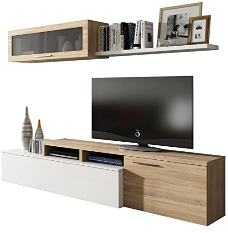 Dmora - Chino-Wandsystem, TV-Ständer, Wohnzimmermöbel, reversible Wohnzimmerkomposition, Eckwohnzimmerset, 200 x 41 x 44 cm, Eiche und glänzendes Weiß
