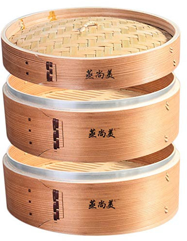 Hcooker Profundizar 2 Capas Vaporizador de Madera para Cocina con Bandas de Acero Inoxidable para Cocina Asiática Bollos Empanadillas Verduras Pescado Arroz