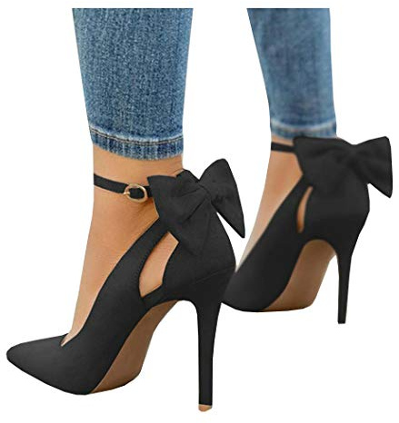 PiePieBuy Women's Pointed Toe High Heels Ankle Strap D'Orsay Pumps Shoes Bow Wedding Bowtie Back Dress Sandals Black