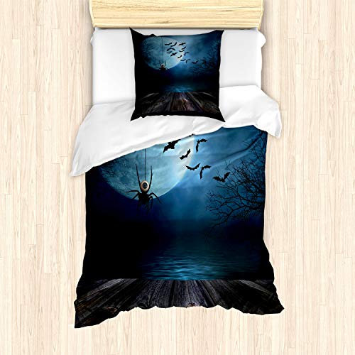 ABAKUHAUS Halloween Bettbezug Set für Einzelbetten, Lake Scene Bat, Milbensicher Allergiker geeignet mit Kissenbezug, Blau Braun