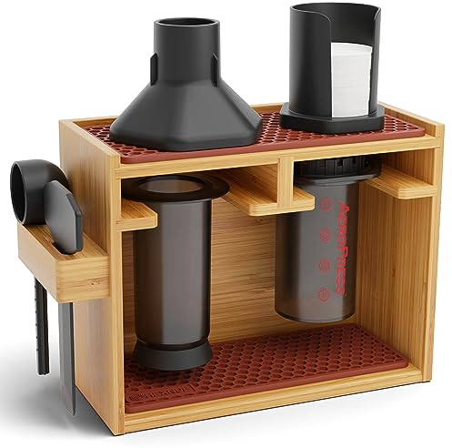 HEXNUB – Bamboo Organizer for AeroPress, Coffee Caddy Station Holds AeroPress Coffee Maker, Accessories, Filters, Cups, Stand includes Dripper Mats (Brown)