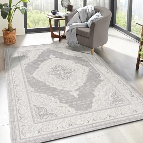 SANAT Teppiche für Wohnzimmer - Teppich Grau, Kurzflor Teppich Orientalisch, Öko-Tex 100 Zertifiziert, Größe: 120x160 cm