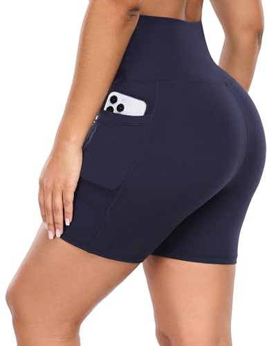 GIMDUMASA Shorts de Sport Femmes Taille Haute Leggings Court avec Poche Pantalon Leggins Femme pour Yoga Sports Fitness Running Gym GI371 (Bleu Foncé, L)