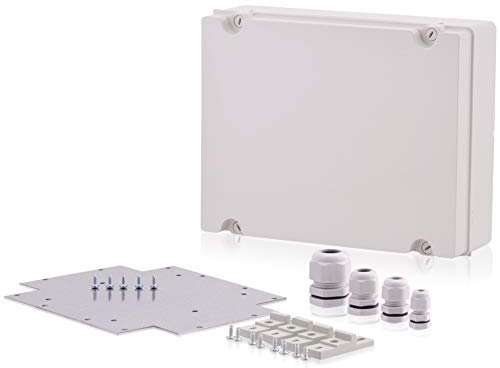 Industriegehäuse Set 380x300x120mm Kunststoffgehäuse Abzweigkasten Universalgehäuse Wandgehäuse mit Scharnierschrauben Schutzart IP65 inklusive Montageplatte, Kabelverschraubungen & Wandhalterungen