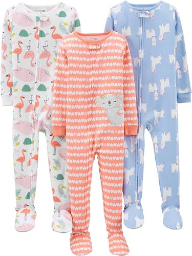 Simple Joys by Carter's Baby Mädchen 3-Pack Snug Fit Footed Cotton Pajamas Kleinkindschläfer, Herzen/Lama/Meereslebewesen, 4 Jahre (3er Pack)