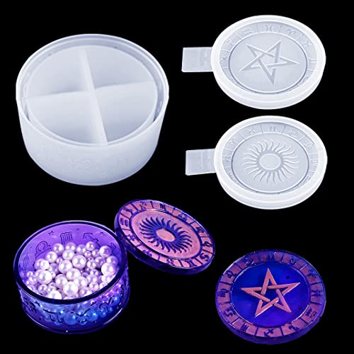 DIYBravo Box Epoxidharz Formen Dose Schale mit 2 Deckel Silikonformen, Runde Aufbewahrungsbox Epoxidharz Gussformen mit 12 Konstellations Symbolen Für DIY Schmuckbox