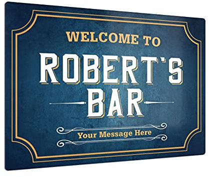 iCaseDesigner Personalised Welcome Bar Sign with Vintage Blue Background. Gloss Metal Wall Art. Pub Man-Cave Gift