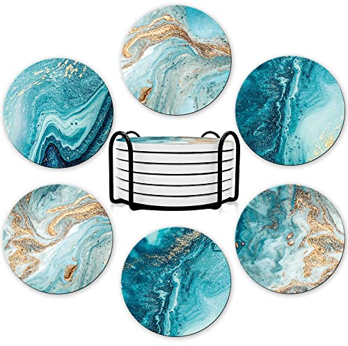 Dooke Lot de 6 dessous de verre pour boissons - Absorbants - Avec support - En céramique avec base en liège - Cadeau de pendaison de crémaillère - Bleu océan