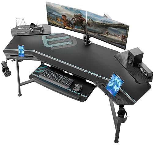 EUREKA ERGONOMIC Scrivania da gioco con luci a LED, da 182,9 cm, grande scrivania da studio a forma di ala W per tastiera, supporto per monitor doppio per cuffie