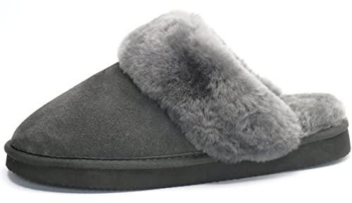 Lammfell Pantoffel slipper Damen Lammfell Hausschuhe Australisches Lammfell beige grau cognac braun mit comfort Sohle - sehr warm (41, Dunkel Grau, numeric_41)