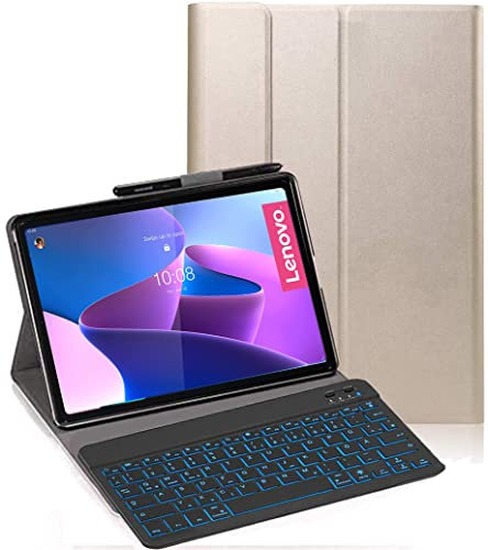 YHFZR Clavier étui pour Lenovo Tab M10 Plus 3rd Gen, 7 Couleurs Rétro-éclairé QWERTY Slim Détachable PU Housse Clavier Fil Coque pour Lenovo Tab M10 Plus 3rd Gen 10,6'' TB-125FU/128FU, Or