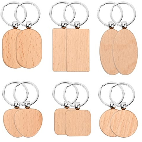 12 Pcs Porte-Clés en Bois, Bricolage Vierge Porte Clés Bois Brut avec Anneau, Personnalisé Rectangle Naturel Étiquettes en Bois Porte-Clés pour Clés Femmes Hommes Cadeau Décor