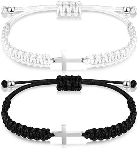 Sureio Cross Friendship Bracelet Adjustable Braided Rope Jesus Christian Cross Bracelets Matching Couple String Lucky Strand BFF Wristband for Women Men Boy Girls Easter Baptism, Stainless Steel, 100%