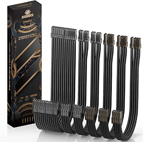 AsiaHorse PSU Cable Extension for Power Supply with Transparent Plug and Cable Combs 24 Pin/2 x 8 Pin (4 + 4) / 3 x 8 Pin (6 + 2), 30 cm Length Black Cable