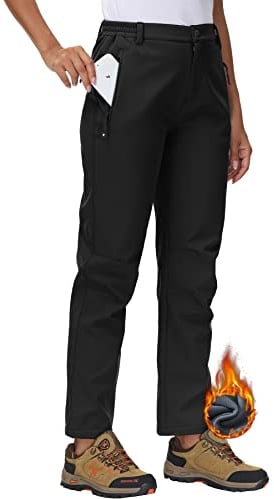 Rdruko Womens Waterproof Trousers Fleece Lined Winter Warm Snow Ski Trousers Thermal Outdoor Hiking Pants with Zip Pocket Black L