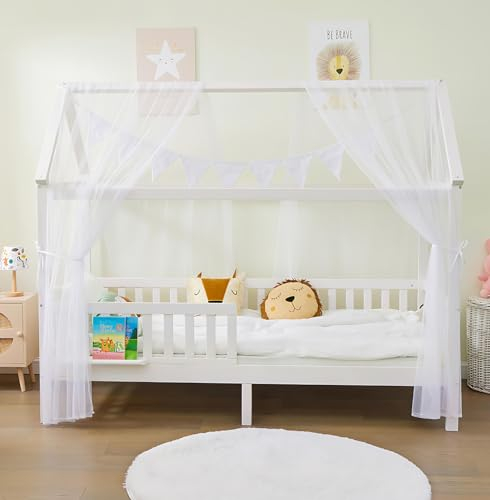 ALAVYA HOME® Hausbett 90x200 cm Cloud KOMPLETT Set mit Matratze + Weiß Deko ohne Schubladen, inklusive Buchablage Rausfallschutz und Lattenrost, Liegefläche Kinderbett 200x90 cm