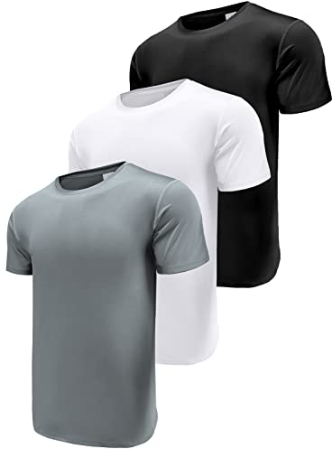 3 Pack T Shirts for Men, Moisture Wicking Dry-Fit Short Sleeve T-Shirts, Athletic Running Gym Workout Sports Tee Tops Black/White/Grey-3P11-S