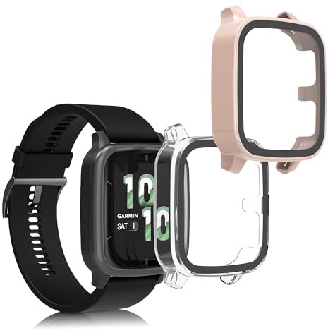 kwmobile 2x Custodia Rigida Smartwatch Compatibile con Garmin Venu Sq 2 Music/Sq 2 Cover - Case Vetro Temperato Orologio Fitness - trasparente/rosa antico