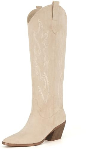 iiimmu Cowgirl Boots Women Knee High Boots Pointed Toe and Block Heel Cowboy Suede Boots with Embroidered, Beige, 11.5