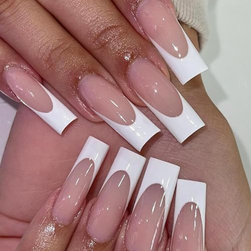 24Pcs French False Nails Extra Long Press-on Coffin Glossy Nude Pink With White Border Design - Acrylic Full Cover Fake Reusable for Women and Girls - Nail Art Accessories
