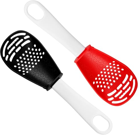 Vanyibro 2Pcs Multifunctional Cooking Spoons, Cooking Utensil Garlic Egg White Separator Strainer Kitchen Tools for Grating, Mashing and Draining (Black, Red)