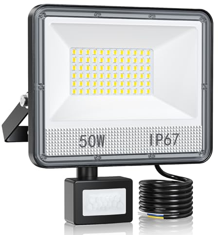VRTOGTHE 50W Foco LED Con Sensor De Movimiento, 5000LM 72 Beads Focos LED Exterior, IP67 Impermeable 7000K Blanco Proyector Exterior para Fábricas, Campos Deportivos, Garajes