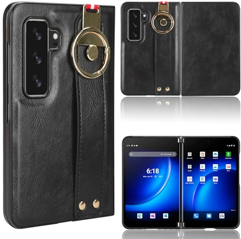 LMFULM® Cover for Microsoft Surface Duo 2 (8.3 Inch) Thin Skin Frame Lanyard Wrist Strap Phone Protective Case Hard PC Back Cover with Bottle Opener and Stand Black