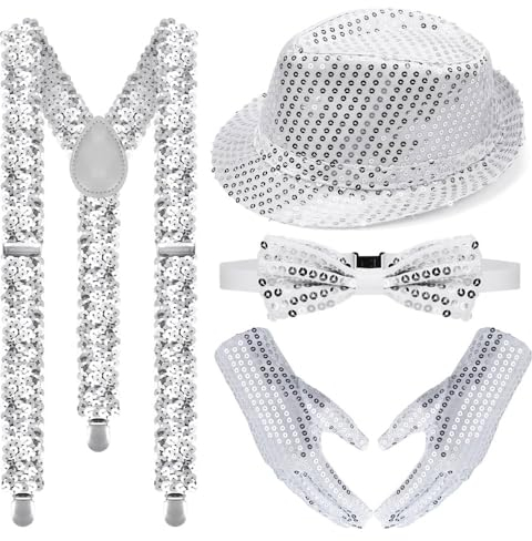4 Set Glitzer Outfit Herren,Glitzer Kostüm Accessoires Herre,mit Pailletten Hosenträger, Fliege, krawatte,Handschuhe,Pailletten Kostüm für Fasching Party Dance Performance