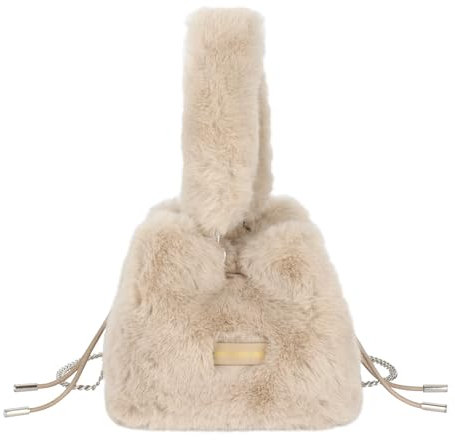 MEGAUK Damen Herbst Winter Beuteltasche Bucket Bag Flauschig Umhängetasche Plüsch Schultertasche Kunstpelz Handtasche mit Kordelzug für Mädchen (Beige)